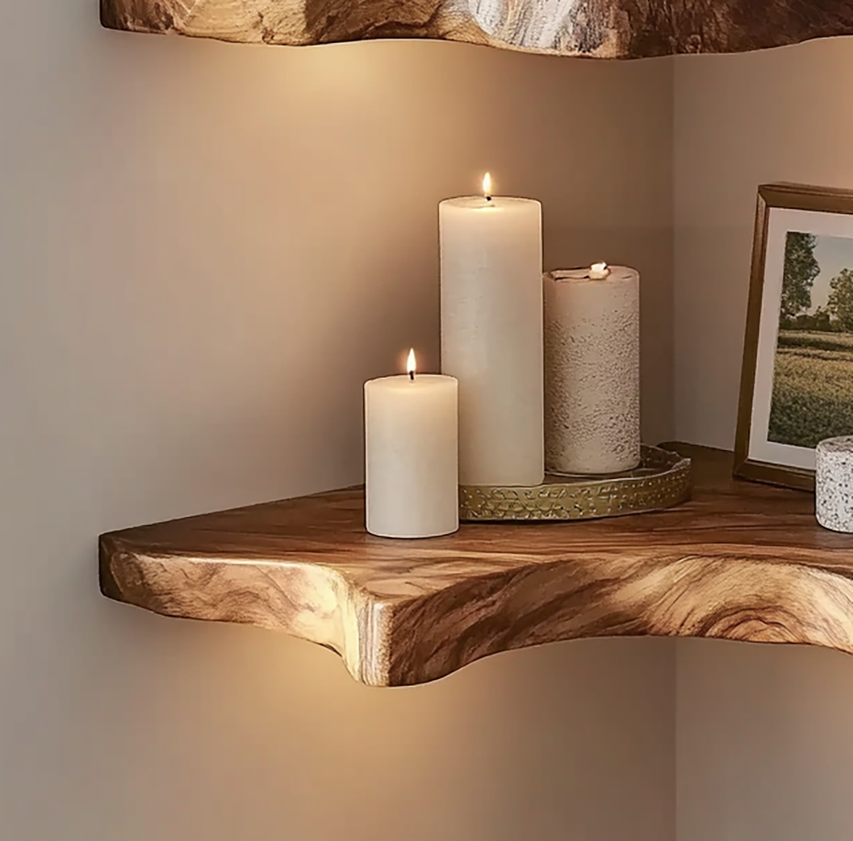 Floating corner wall shelf for farmhouse style interiors