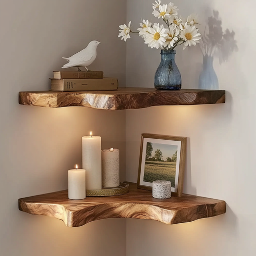Farmhouse Live Edge Wooden Corner Shelf For Modern Home