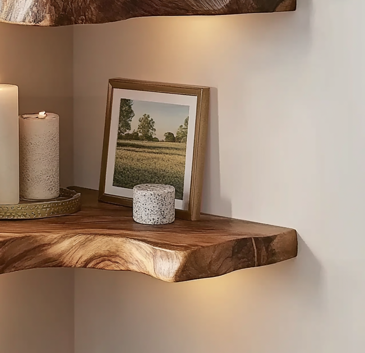Rustic wood corner shelf with natural live edge detail