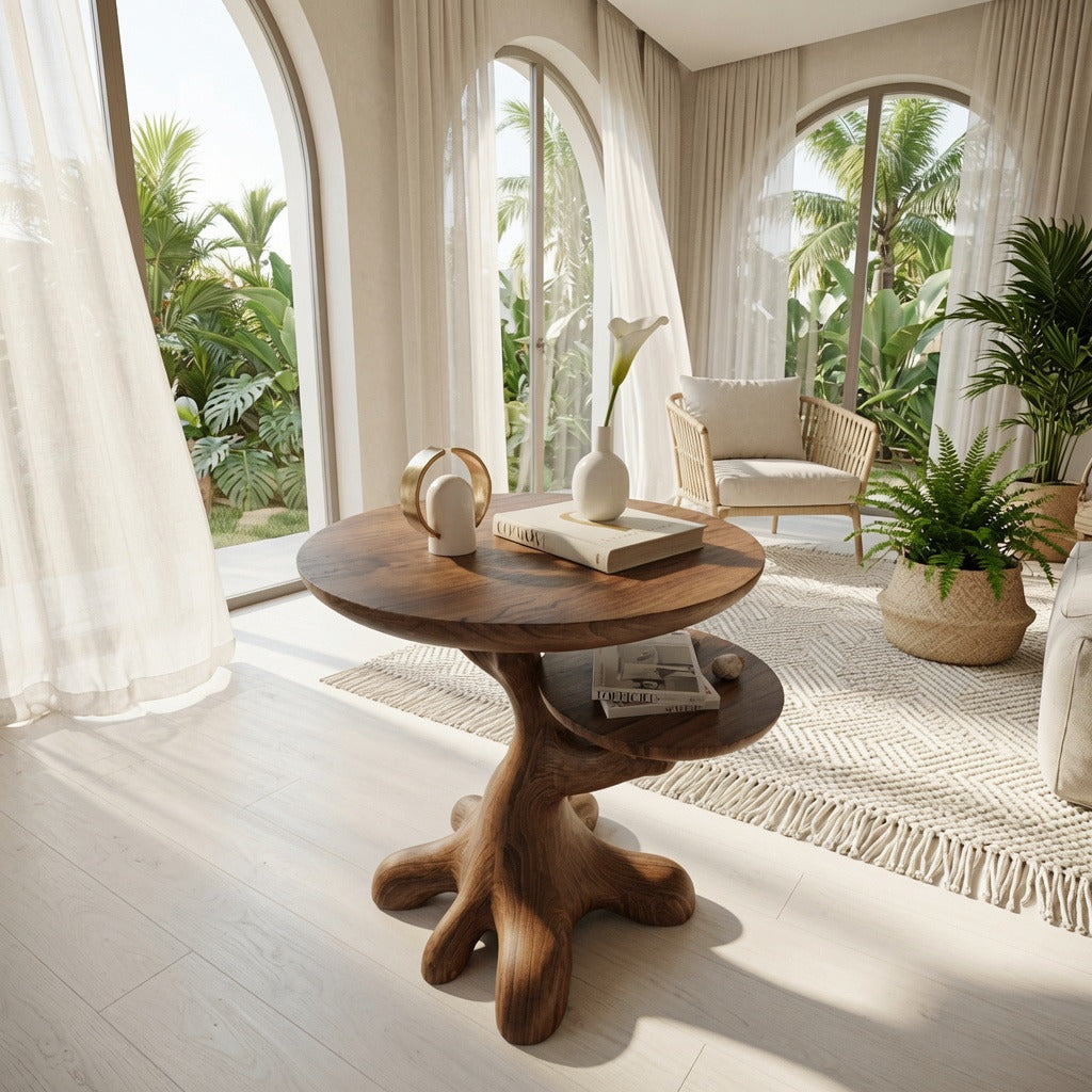 Farmhouse wooden accent table in natural hardwood
