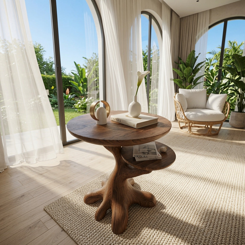 Rustic solid wood end table next to an armchair in a reading nook