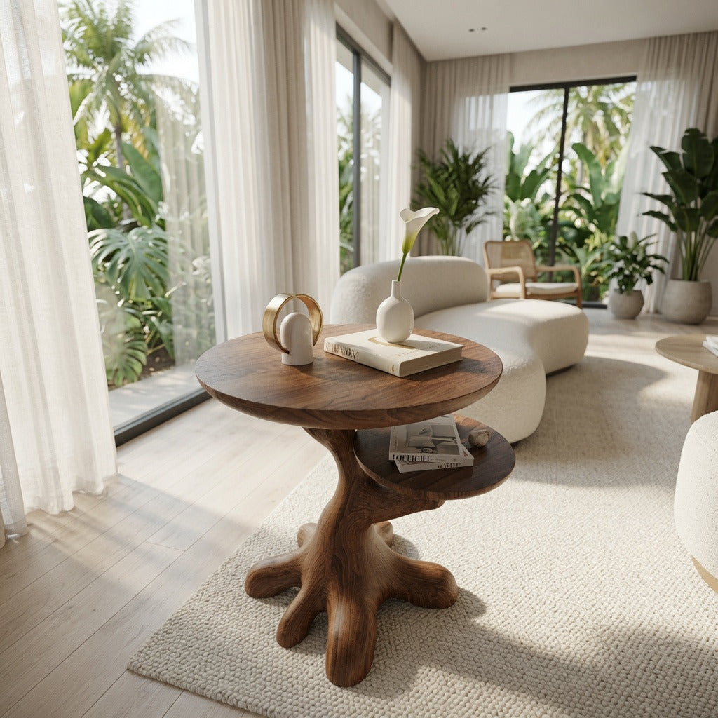 Farmhouse solid wood end table beside a sofa in a cozy living room