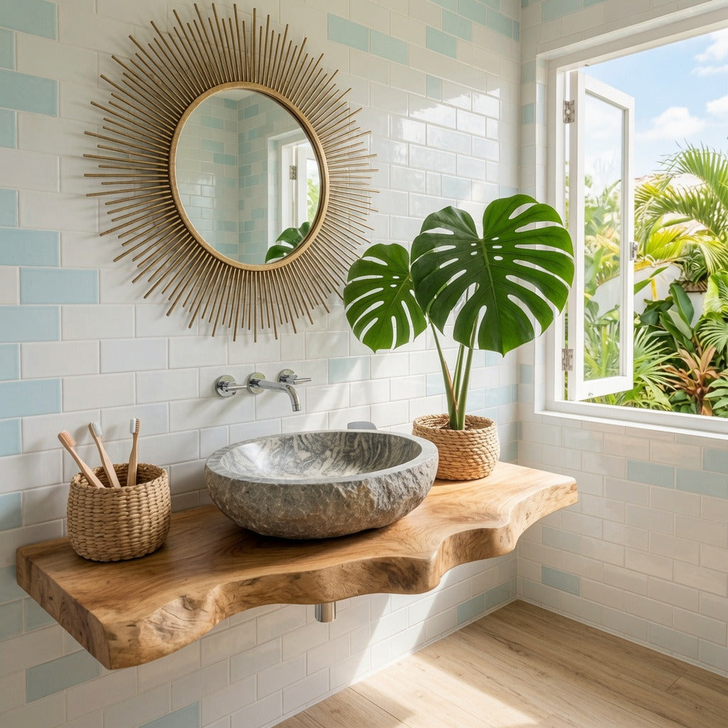 Handcrafted wooden vanity creating a warm farmhouse bathroom
