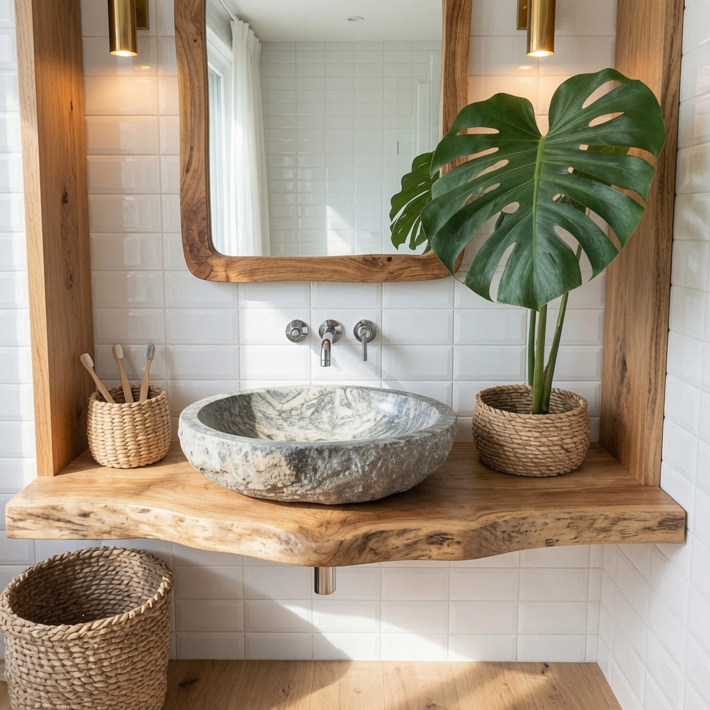 Classic solid wood bathroom vanity in a cozy country-style home