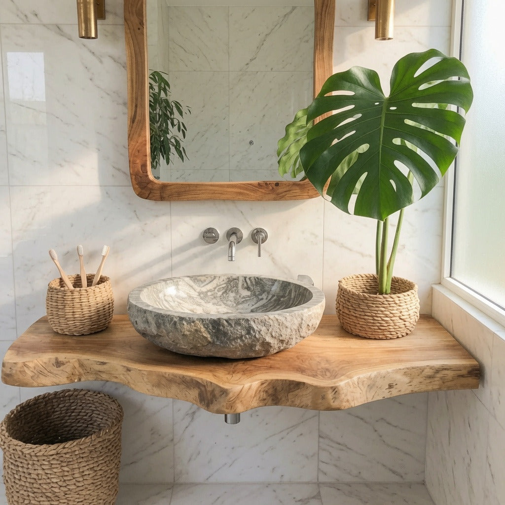 Artisan wooden vanity adding timeless charm to a luxury farmhouse bathroom