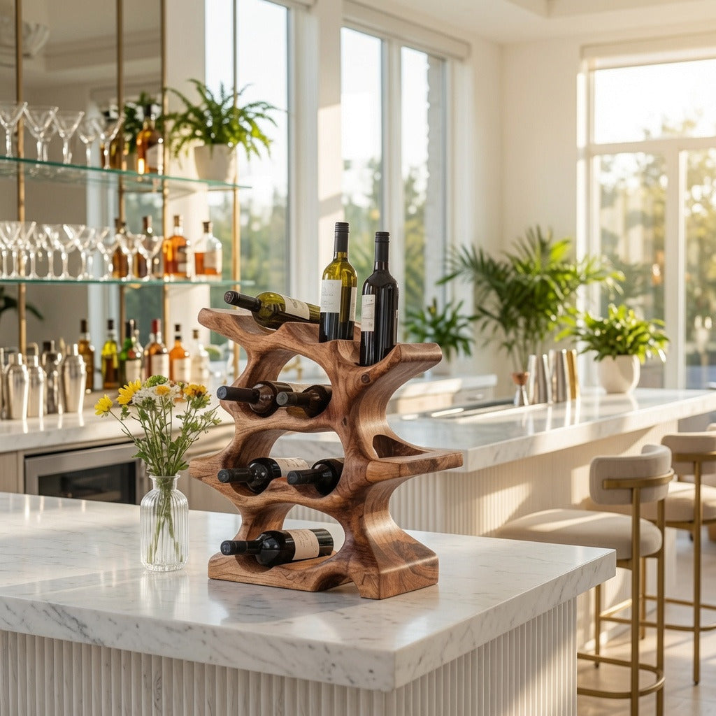 Artisan wooden wine rack organizing bottles and décor in a cozy dining room