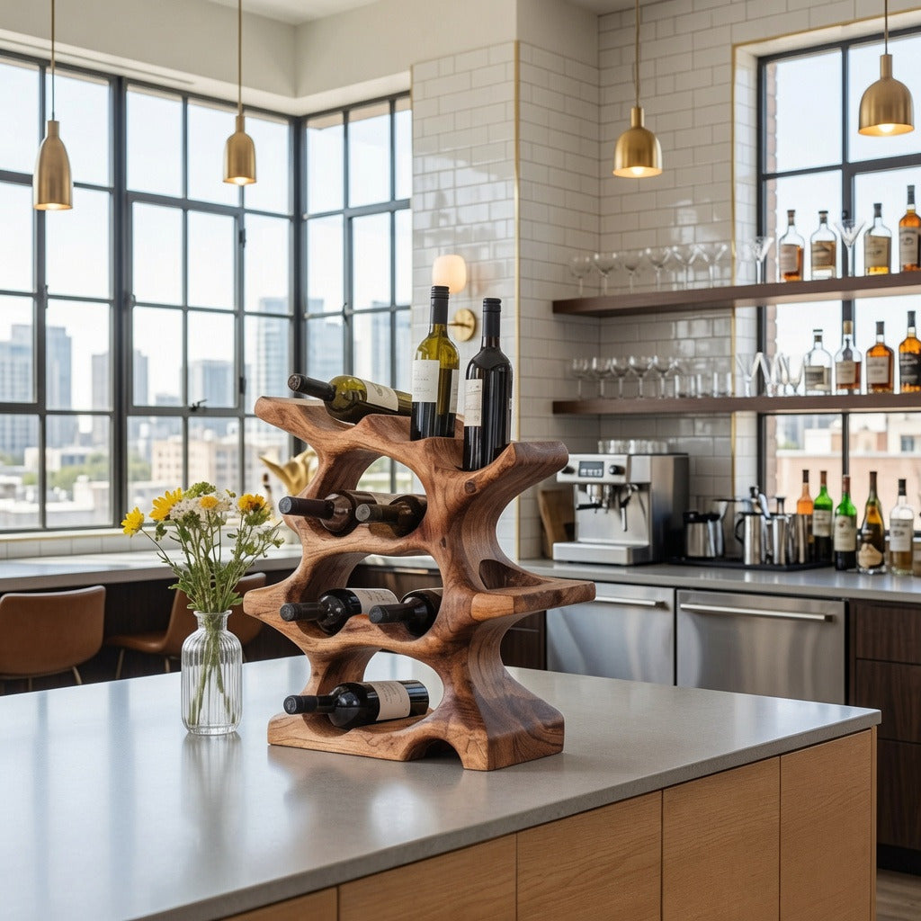 Rustic wooden wine wall rack crafted from natural hardwood