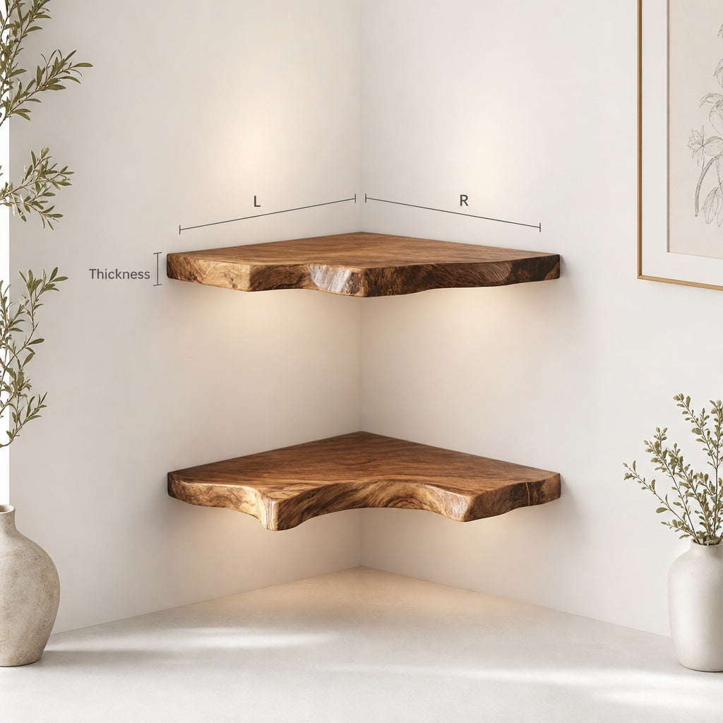 Farmhouse Live Edge Wooden Corner Shelf For Modern Home
