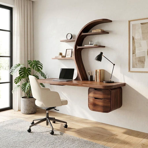 Floating executive desk with curved tree bookshelf and solid wood storage drawers