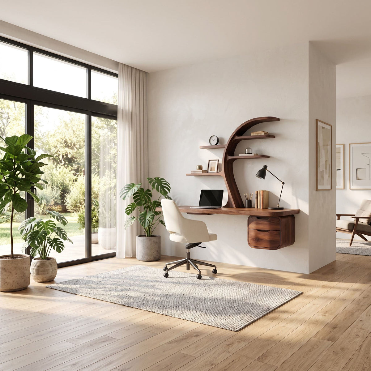 Floating solid wood executive desk with curved tree bookshelf in a home office