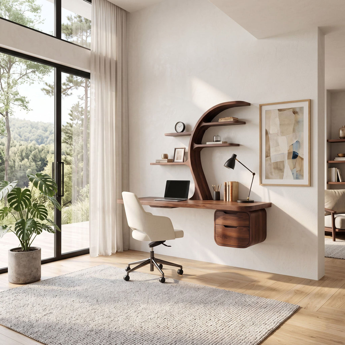 Sculptural wooden workstation with integrated storage drawers and curved book shelves