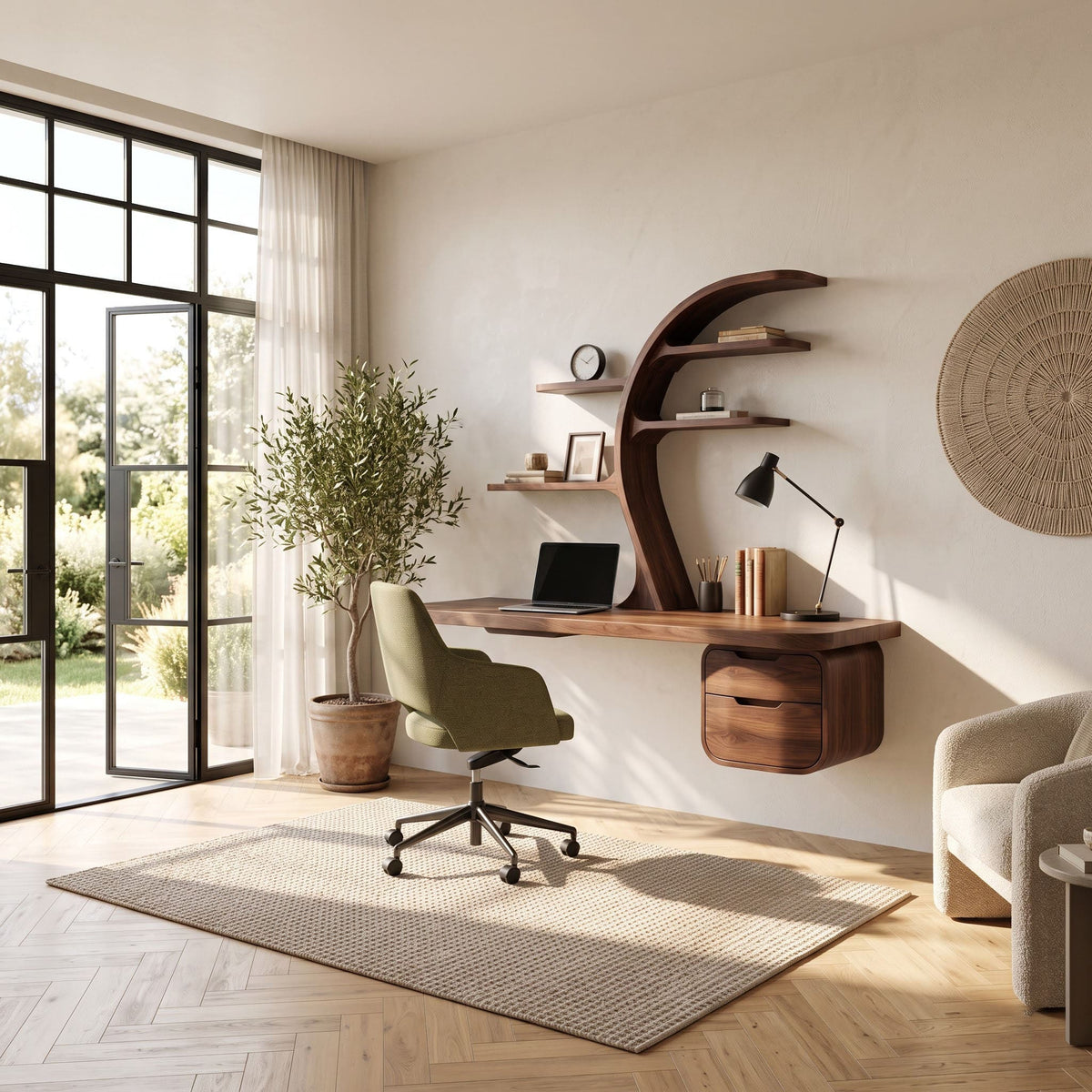 Solid wood floating desk styled in a contemporary executive office