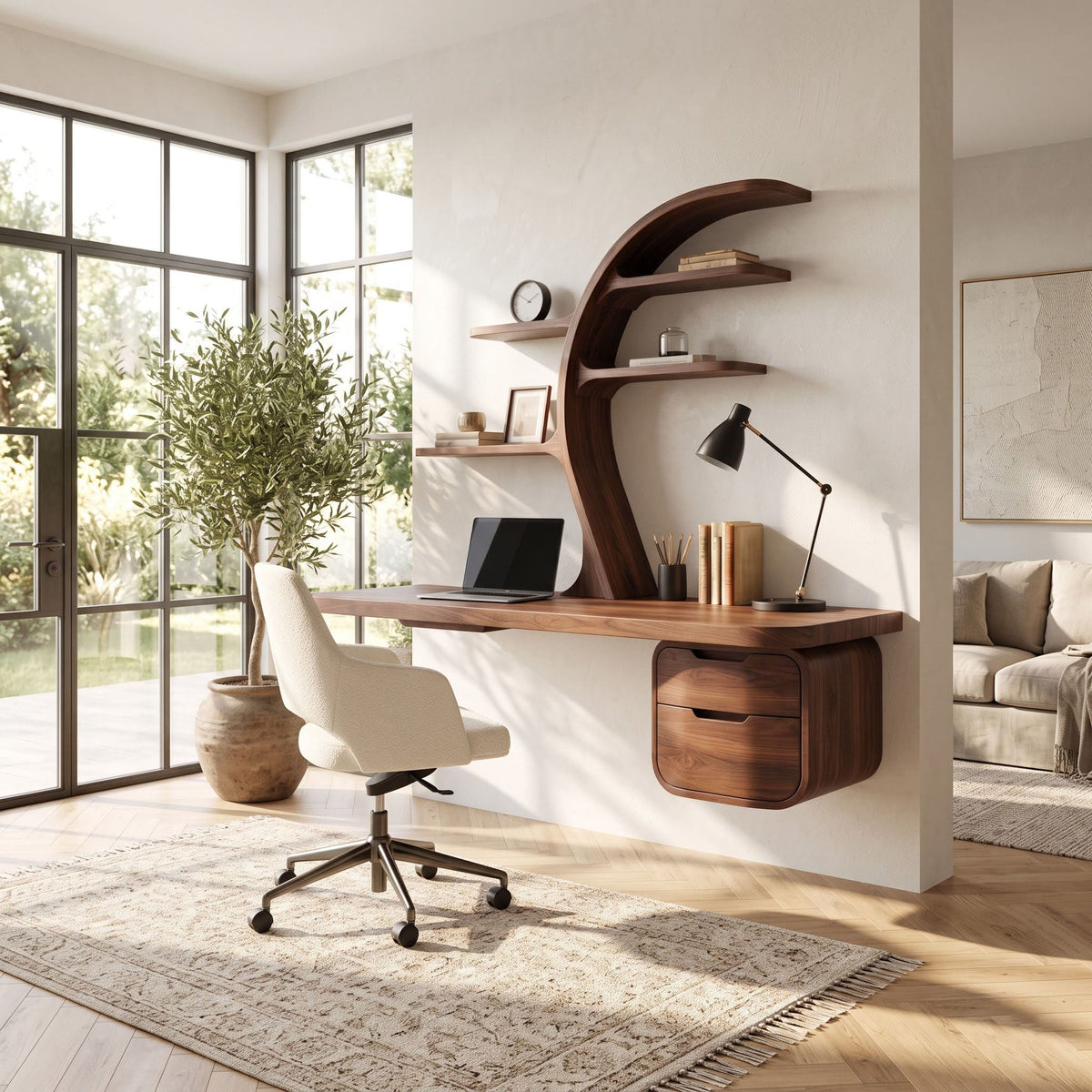 Handcrafted solid wood office desk featuring floating storage and organic shelving