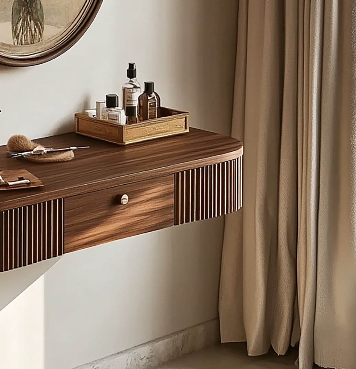 Wall mounted wood vanity table with fluted detailing