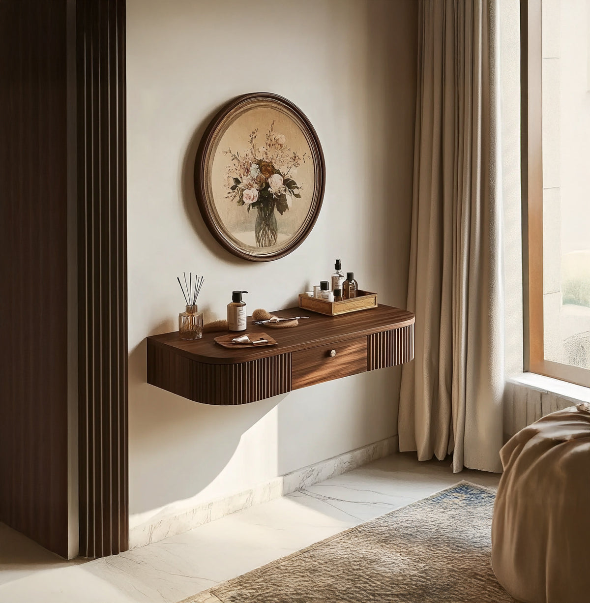 Floating fluted solid wood vanity table with modern elegant design