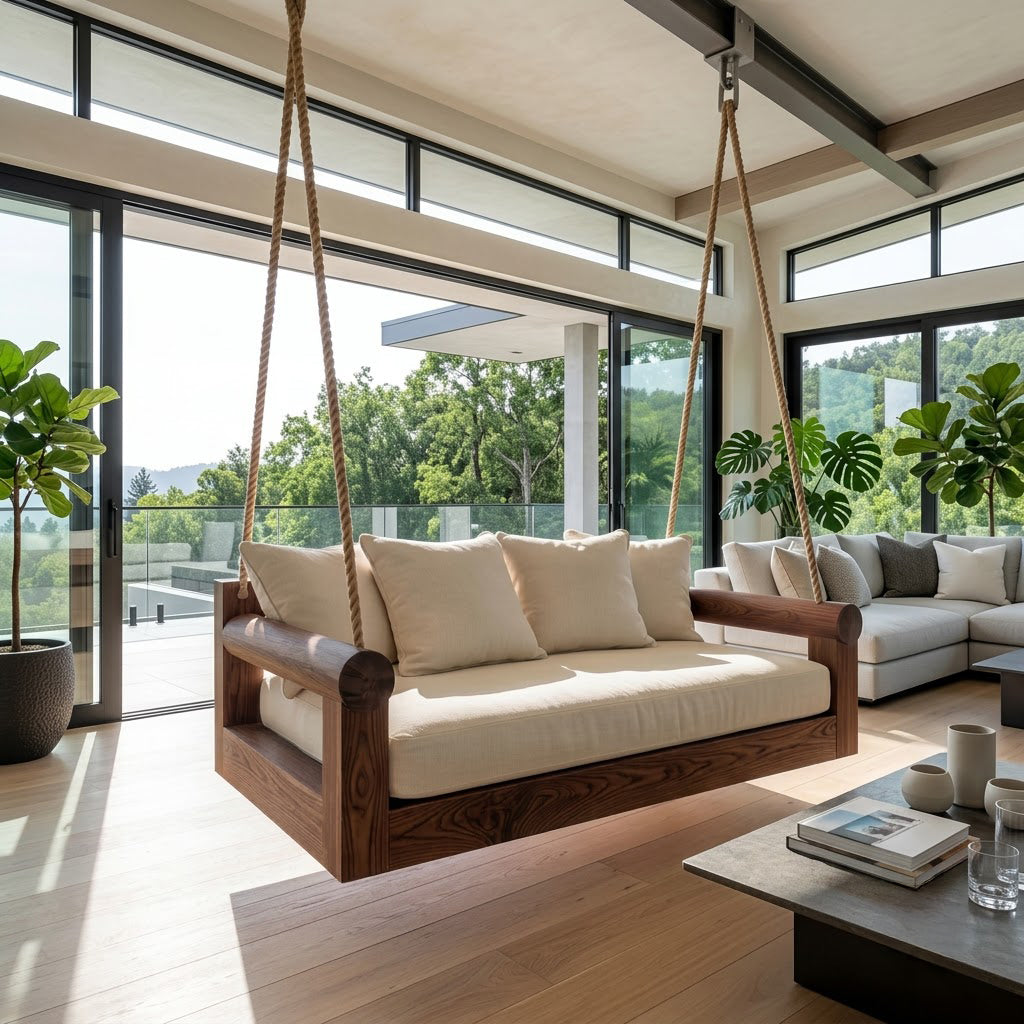 Floating indoor lounge daybed in solid wood with sculptural design
