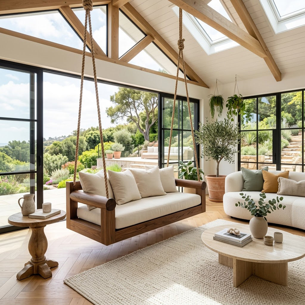 Floating solid wood lounge daybed styled in a contemporary living room