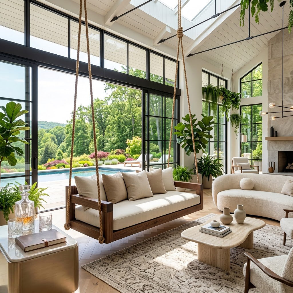 Sculptural indoor daybed displayed beside a floor-to-ceiling living room window