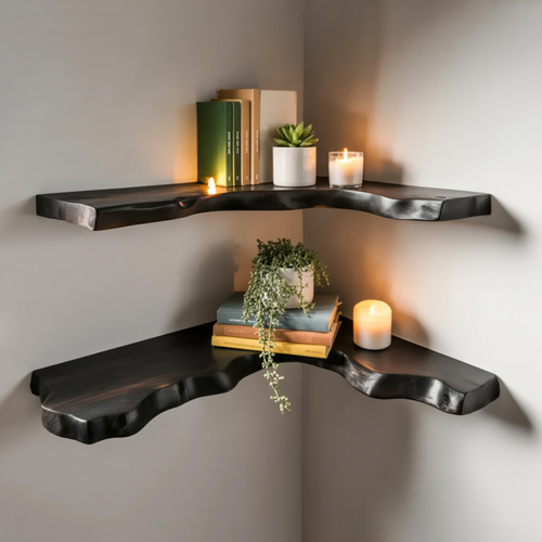 Floating Live Edge Corner Shelf – Dark Organic Modern Wall Shelf