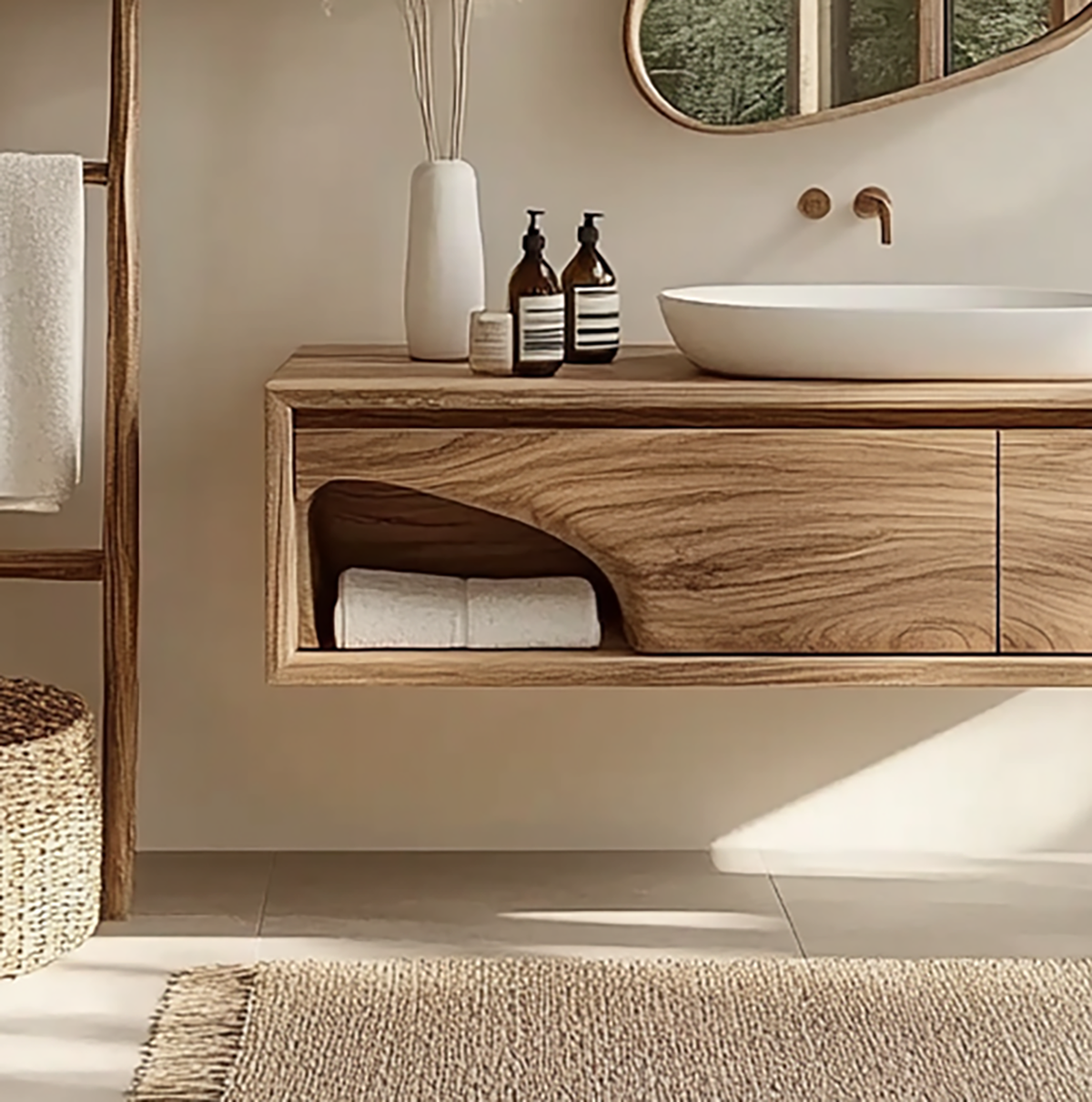 Wall mounted bathroom vanity with natural live edge detail