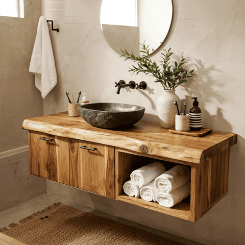 Floating live edge bathroom vanity in solid wood