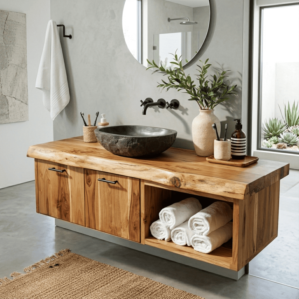 Floating live edge solid wood bathroom vanity in a contemporary bathroom