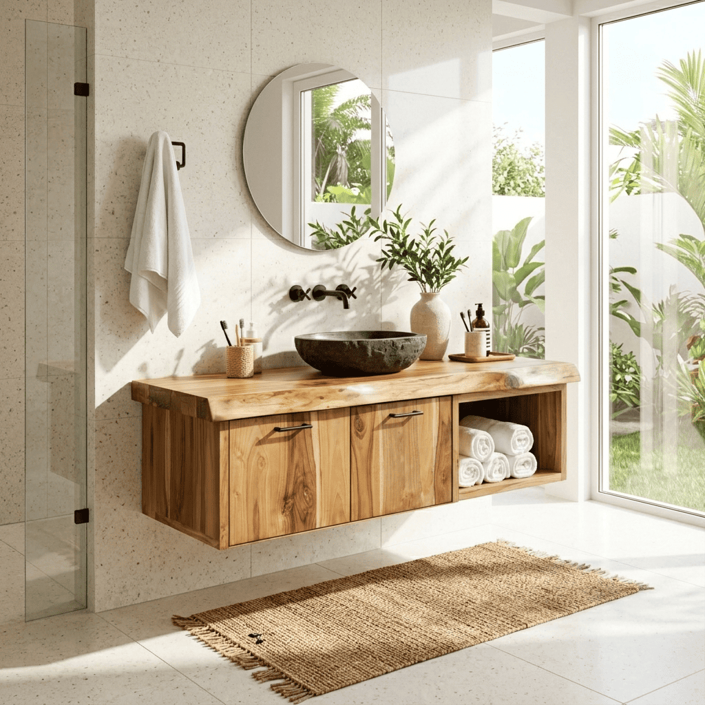 Wall mounted solid wood storage cabinet styled in a modern bathroom interior
