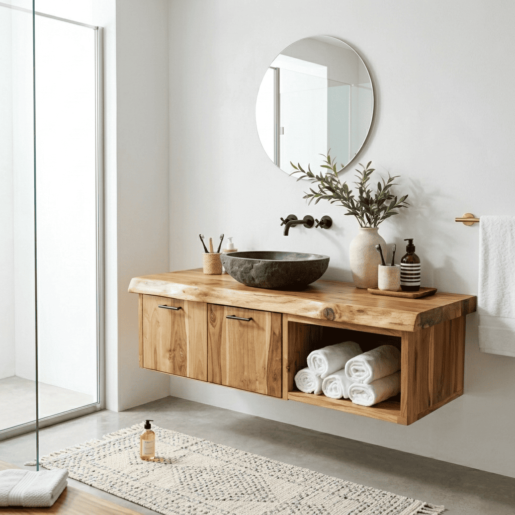 Live edge solid wood vanity cabinet enhancing a contemporary bathroom space