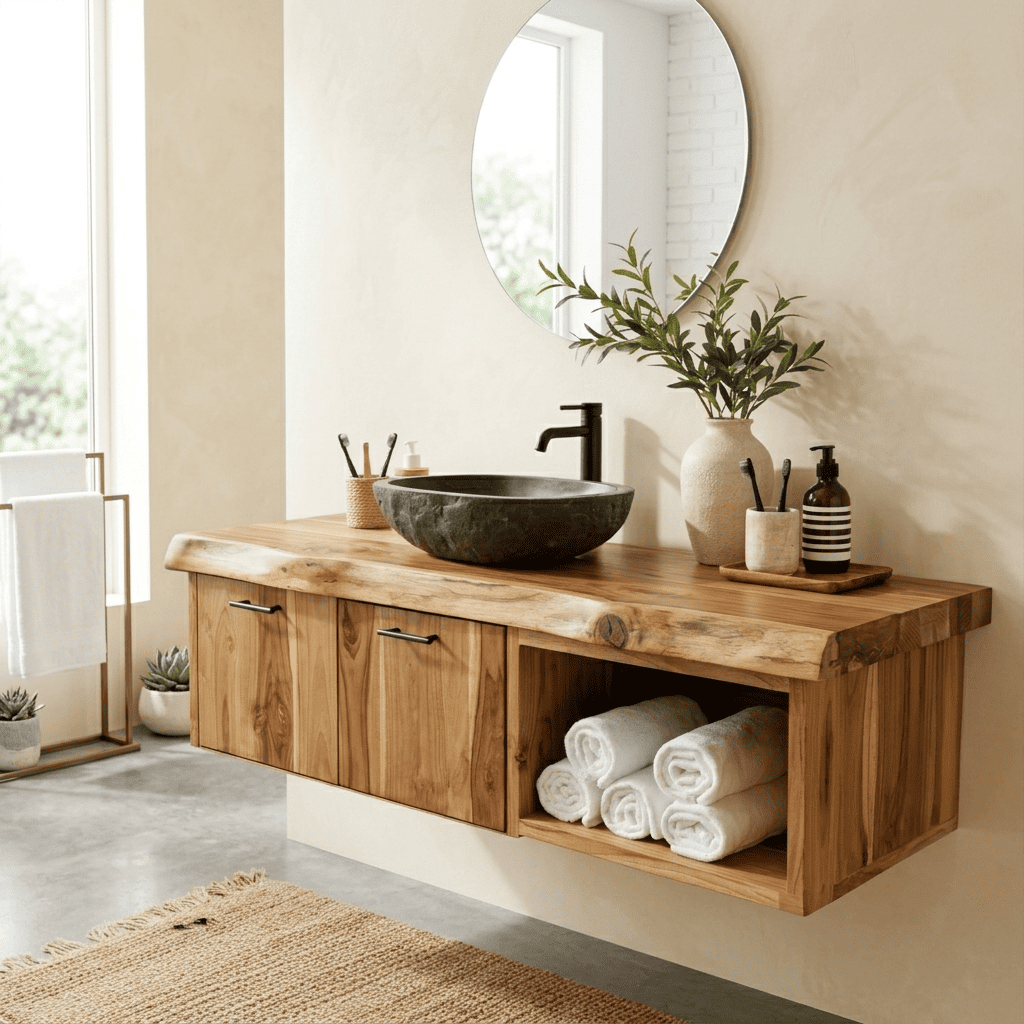 Floating solid wood vanity styled in an elegant modern bathroom