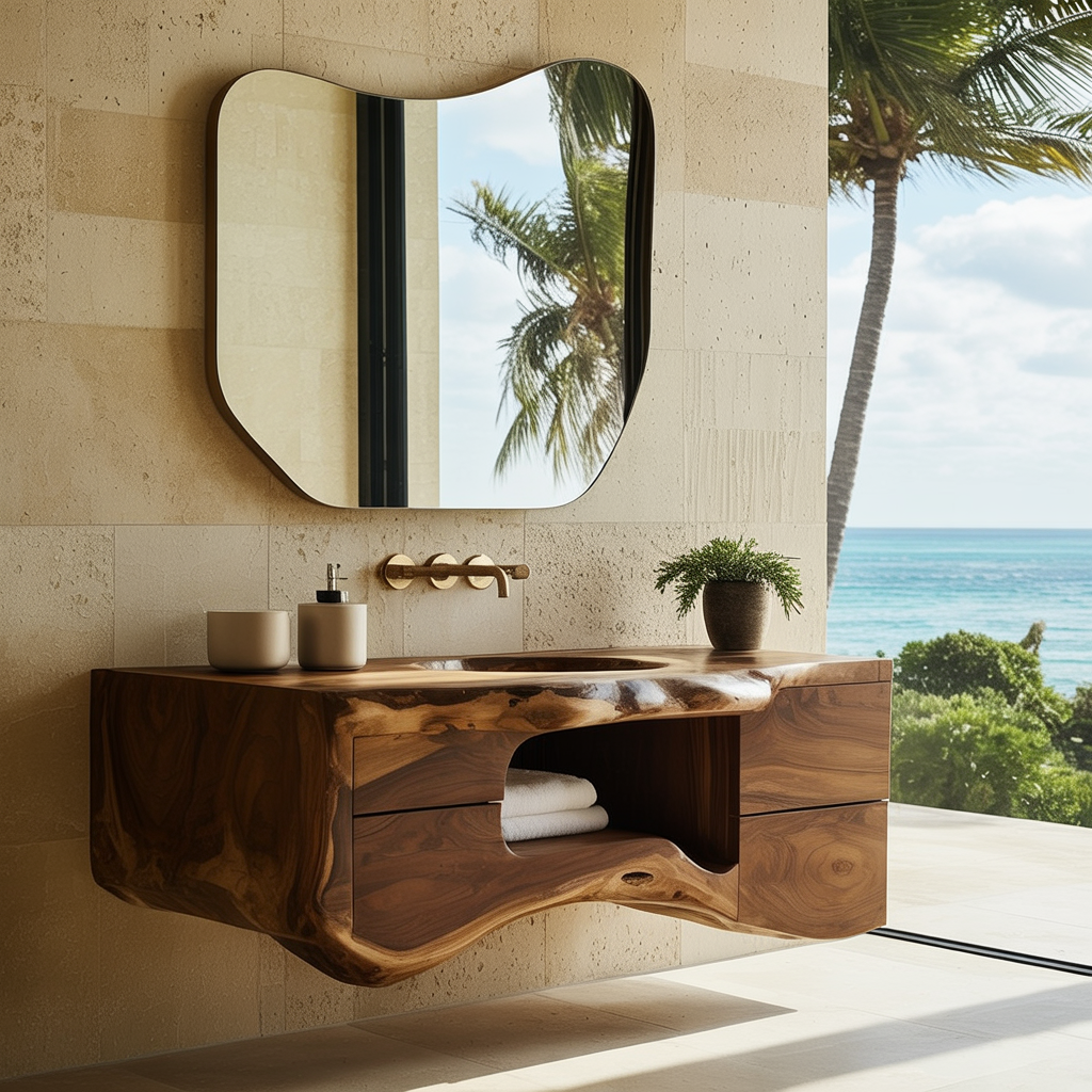 Floating live edge solid wood bathroom vanity with luxury design
