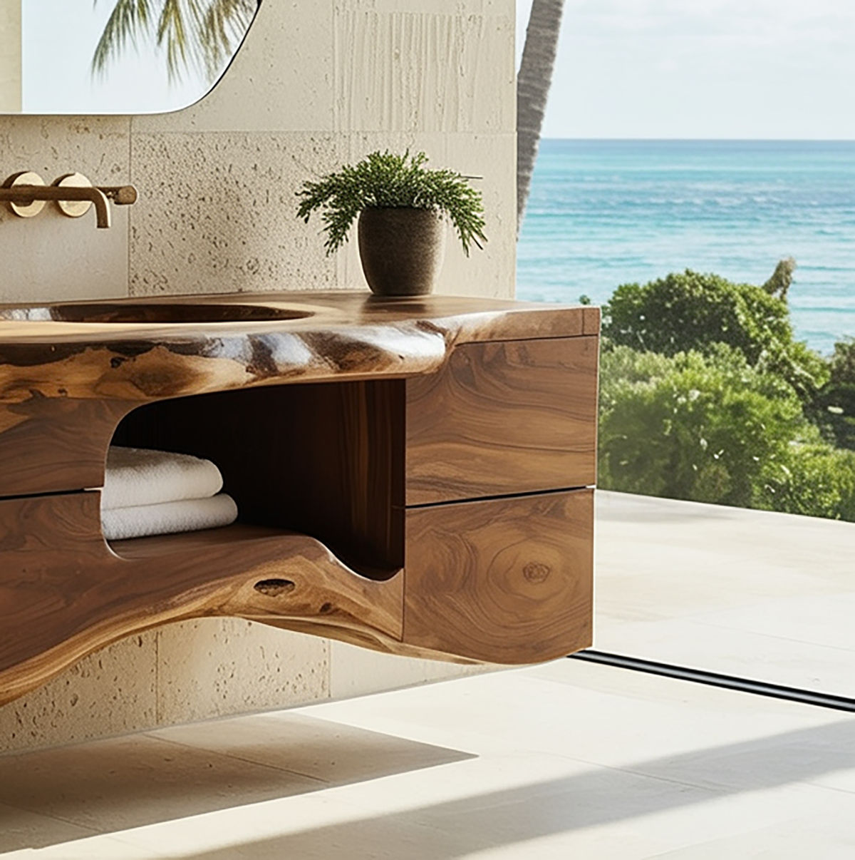 Wall mounted wood vanity console with live edge detail