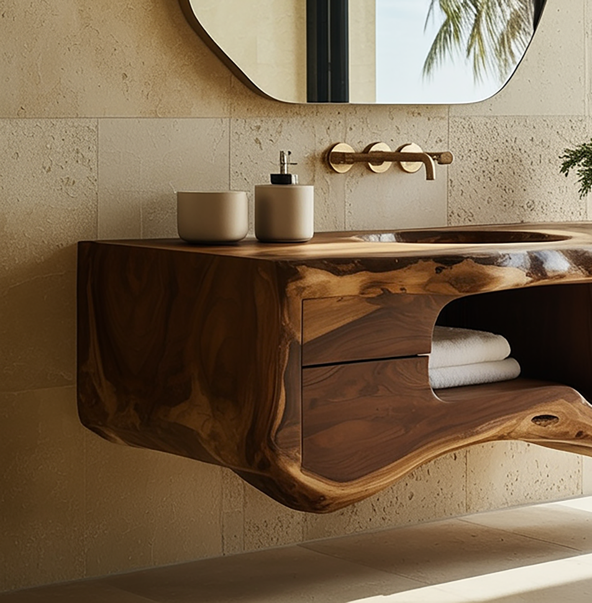 Organic modern bathroom vanity with natural wood finish
