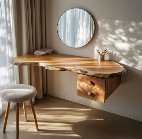 Floating Live Edge Solid Wood Vanity Desk – Organic Japandi Masterpiece