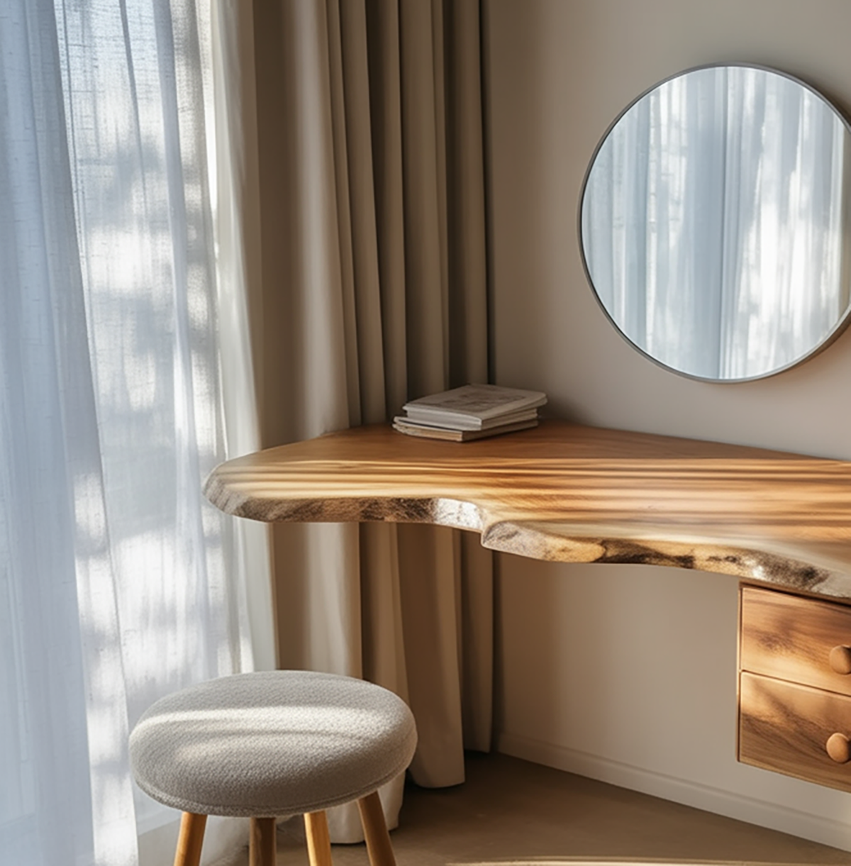 Organic Japandi floating vanity table for bedroom interiors