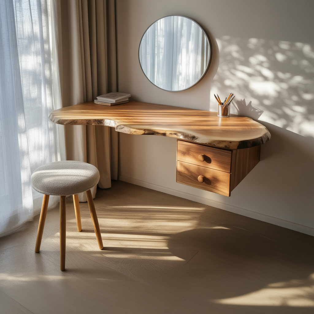 Floating live edge solid wood vanity desk with Japandi design