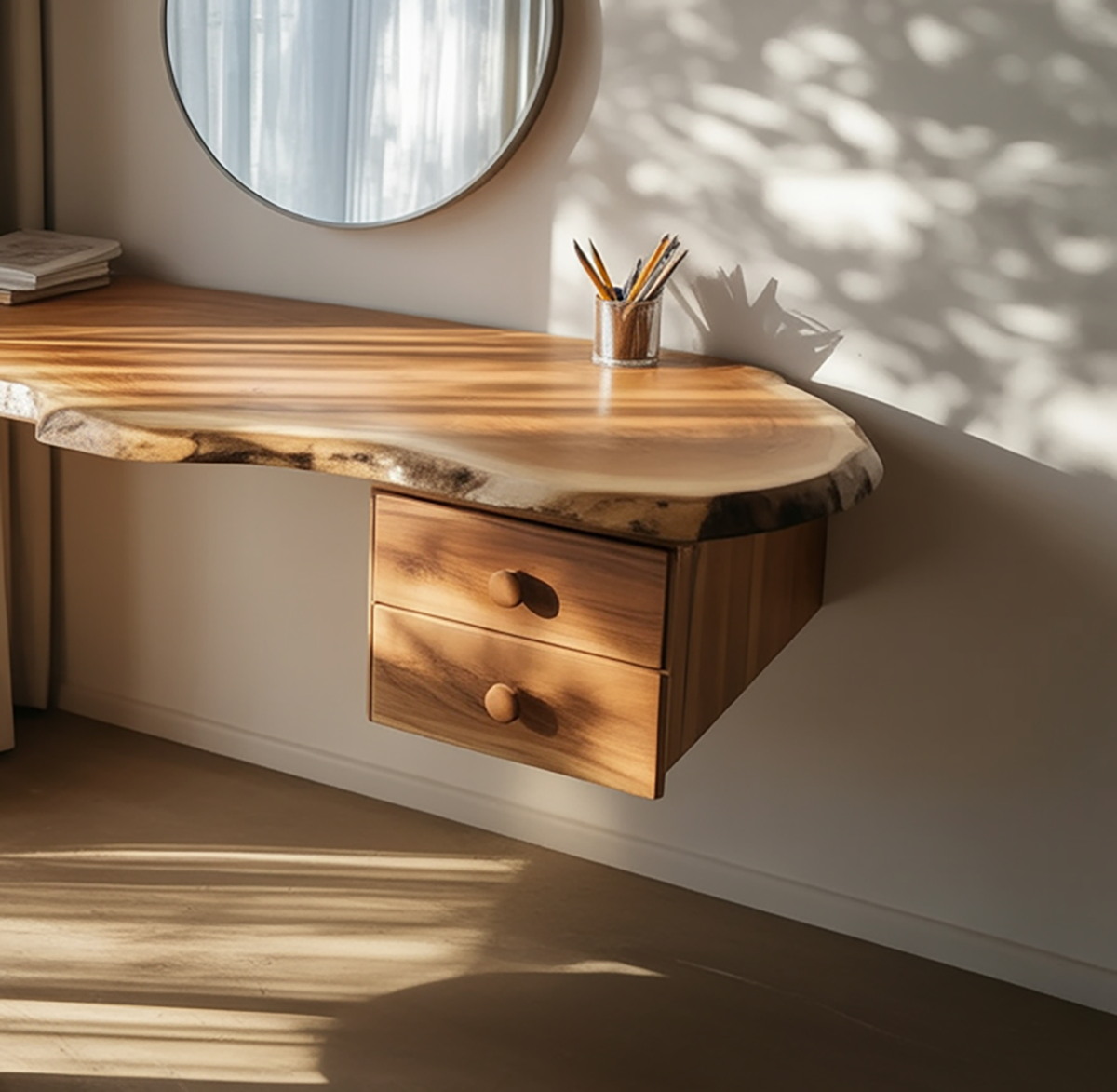 Wall mounted wood vanity desk with natural live edge detail