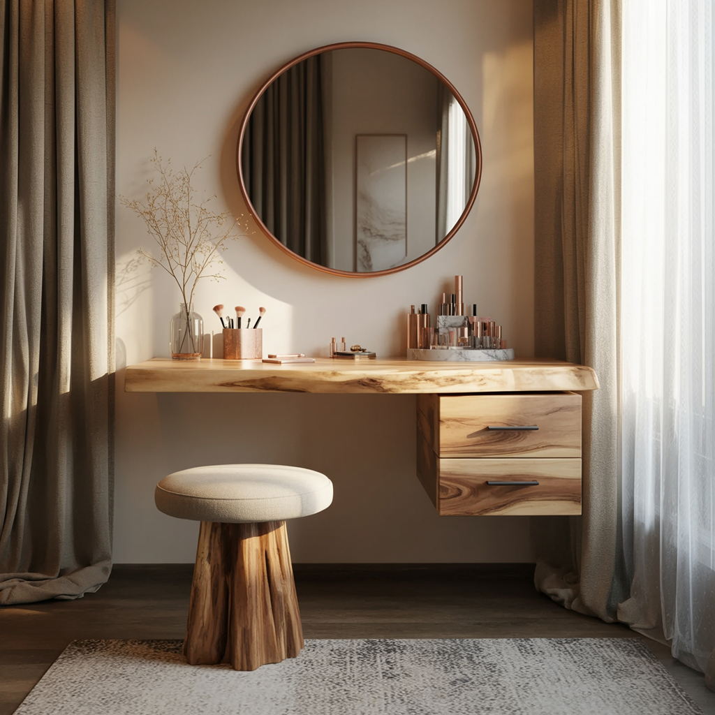 Minimalist solid wood vanity for makeup station or workspace