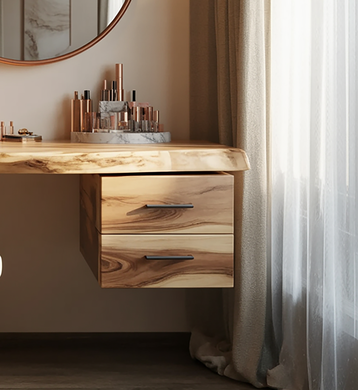 Organic modern floating vanity table with natural wood finish