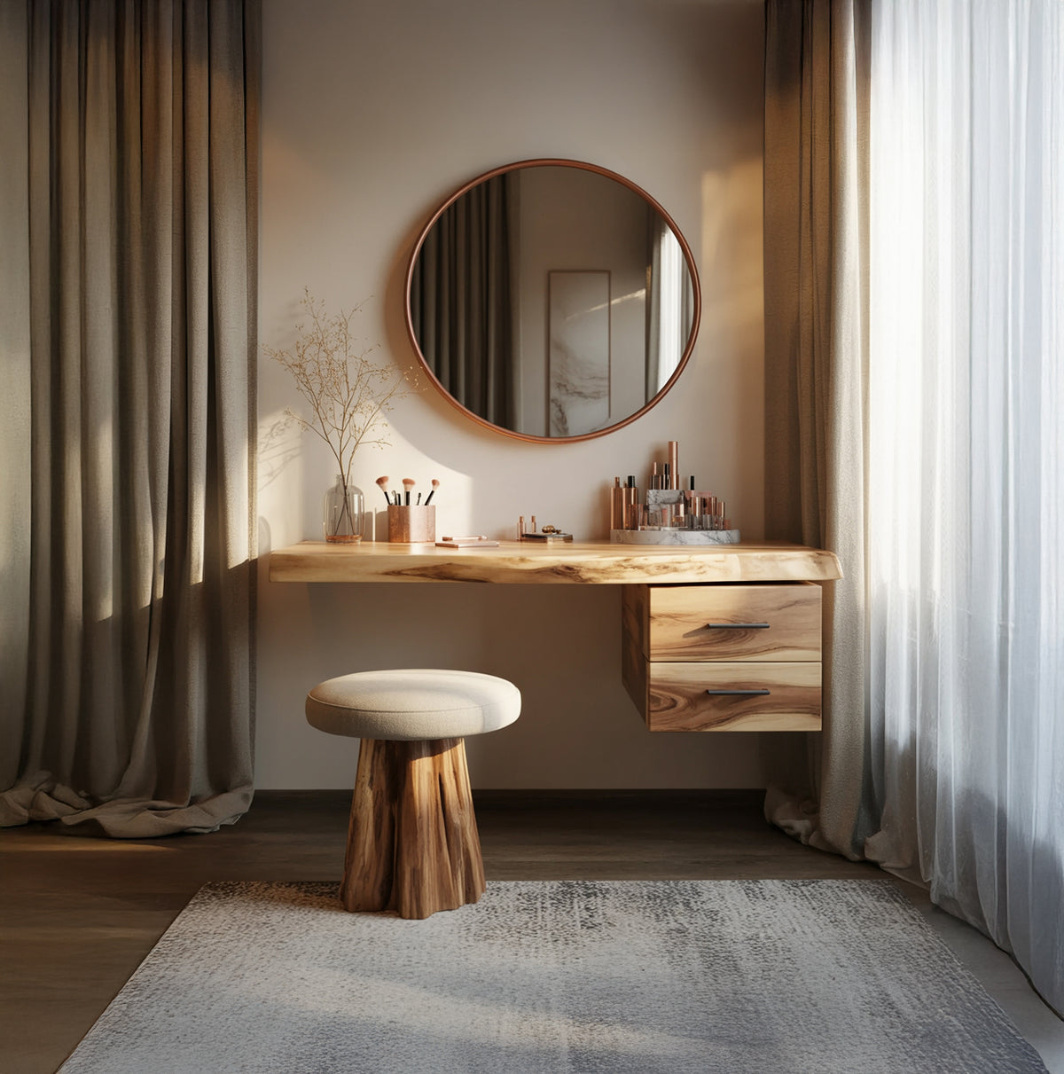 Floating live edge solid wood vanity table with organic modern design