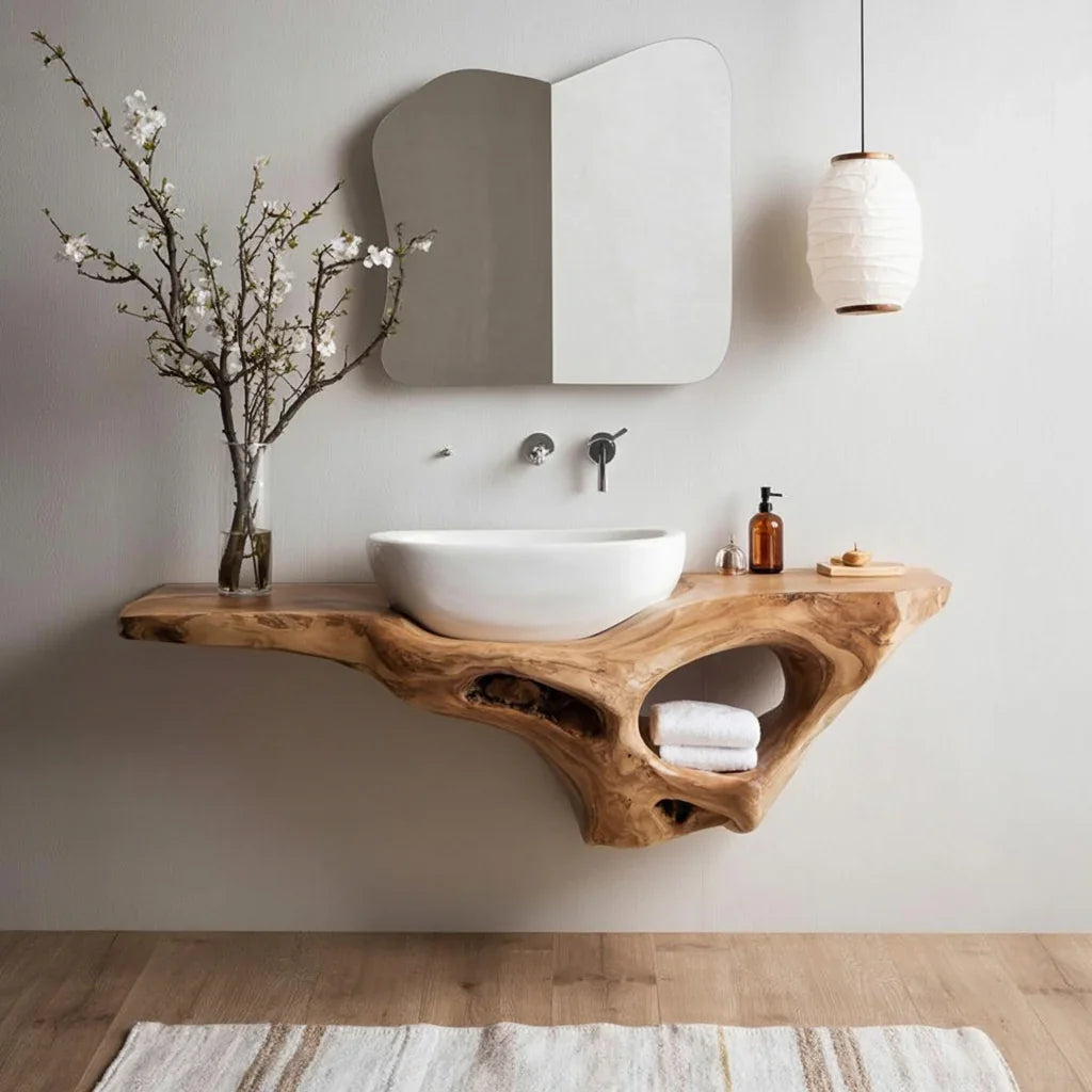 Handcrafted live edge floating vanity with carved storage shelf by Ashdeco