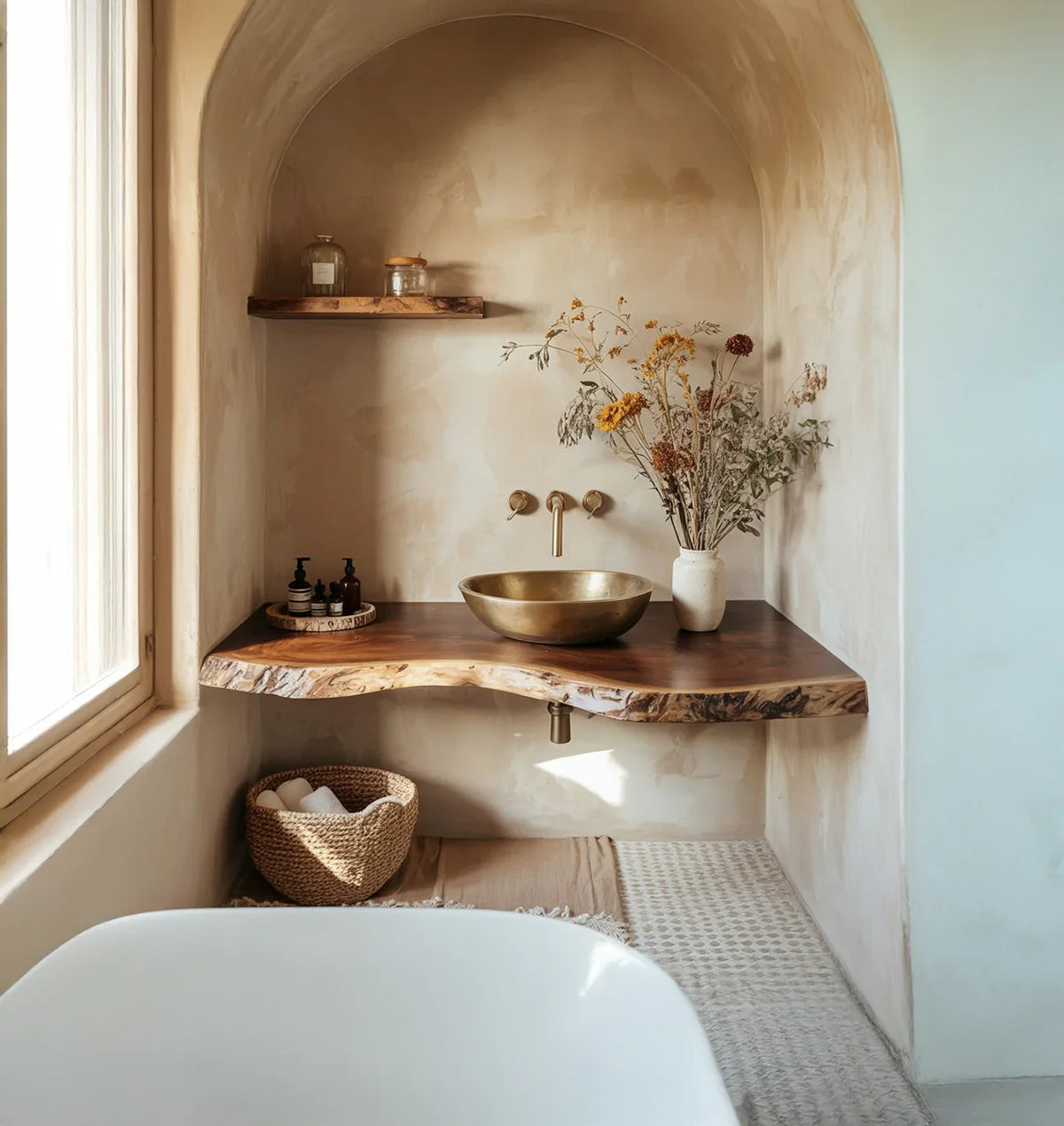 Live edge wood floating shelf and vanity in a minimalist bathroom with brass sink and dried flowers
