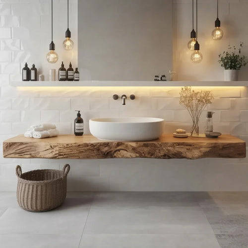 Organic Live Edge Solid Wood Floating Bathroom Vanity with Shelf