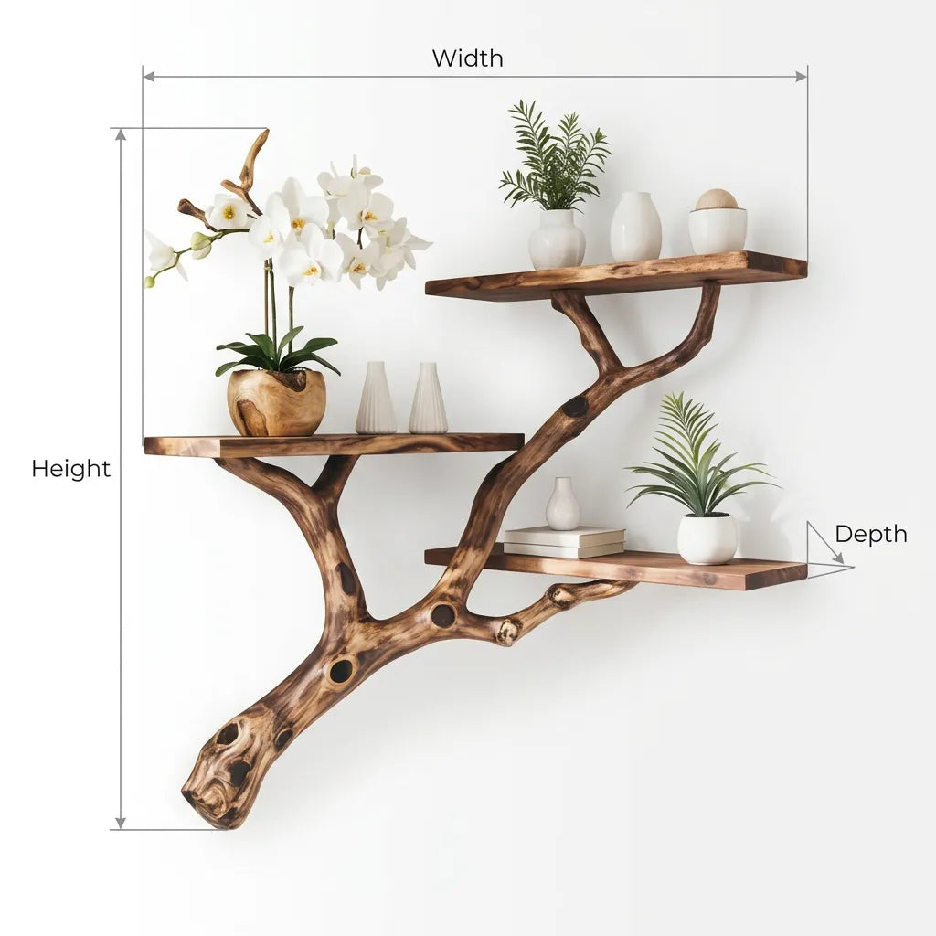 Floating Corner Tree Bookshelf – Rustic Driftwood Branch Wall-Mounted Shelf
