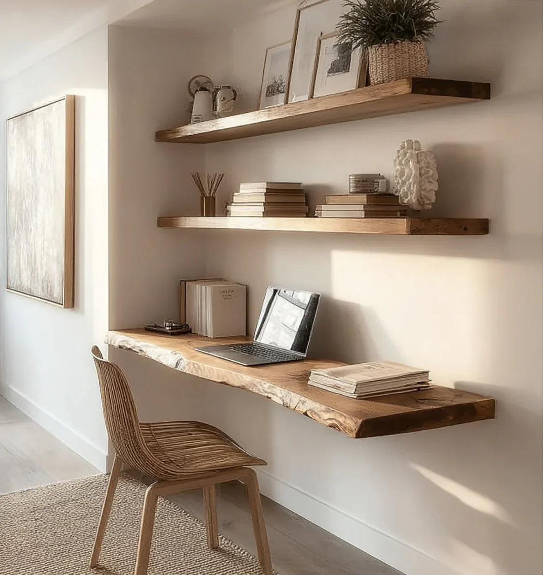 Minimalist home office with floating wooden shelves, natural wood desk, wicker chair, and laptop. floating desk with shelves dimension guide height spacing diagram