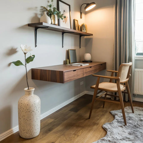 Modern home office with floating walnut desk, wooden chair, wall shelf, and ceramic floor vase. floating desk with shelves before and after home office transformation