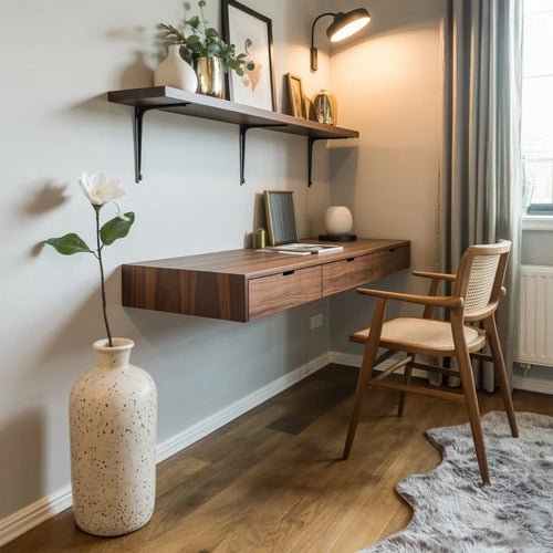 Ashdeco Wall Mounted Desk – Modern Floating Wooden Desk with Storage Drawers