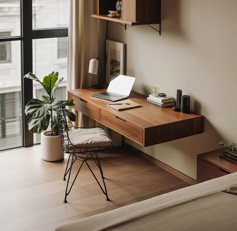 floating desk bedroom corner clean minimal home office setup
