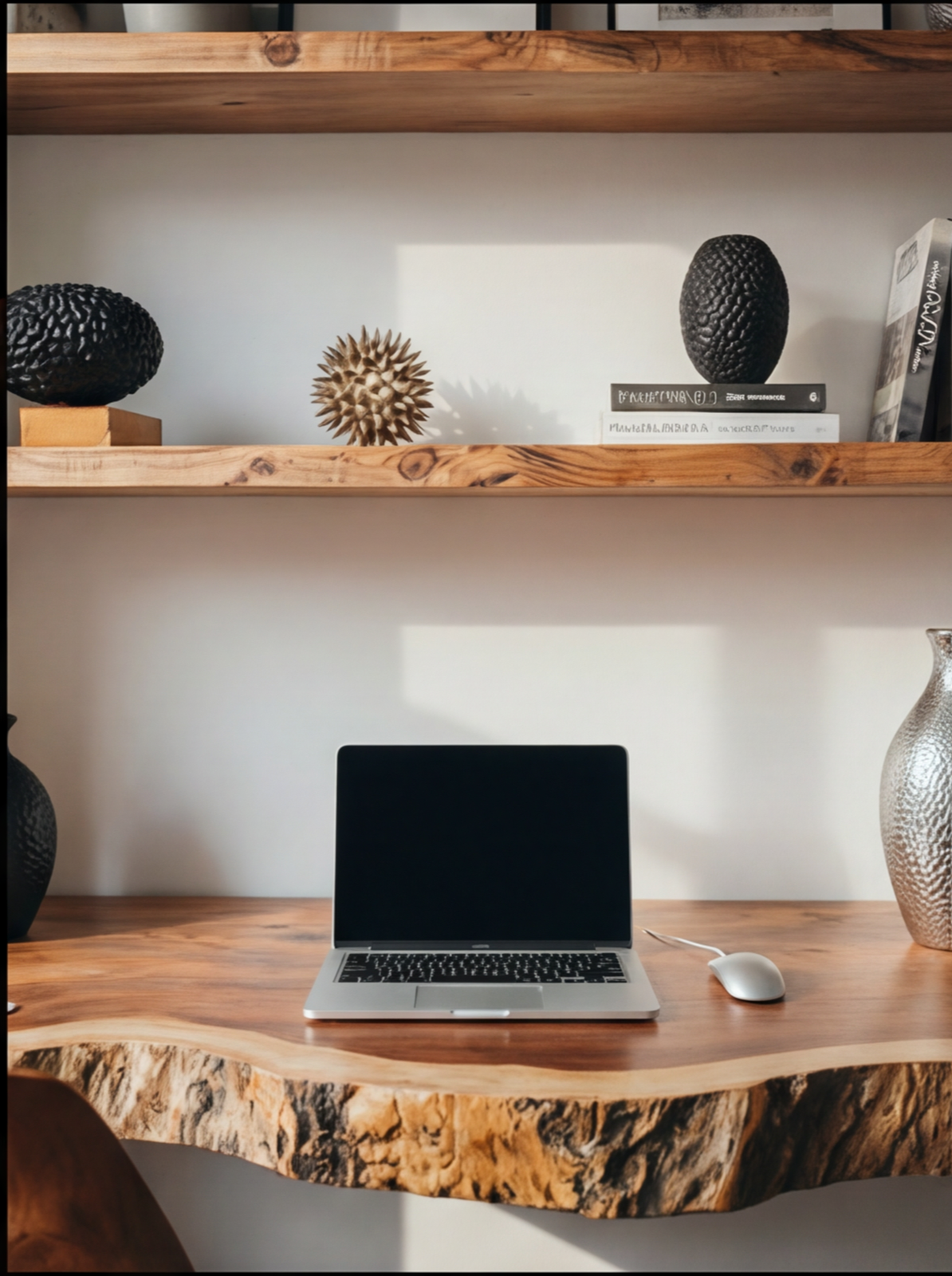 close up solid wood floating desk surface natural grain laptop