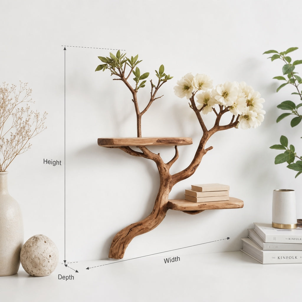 Floating Driftwood Branch Bookshelf – Live Edge Wall Shelves with Faux Flowers