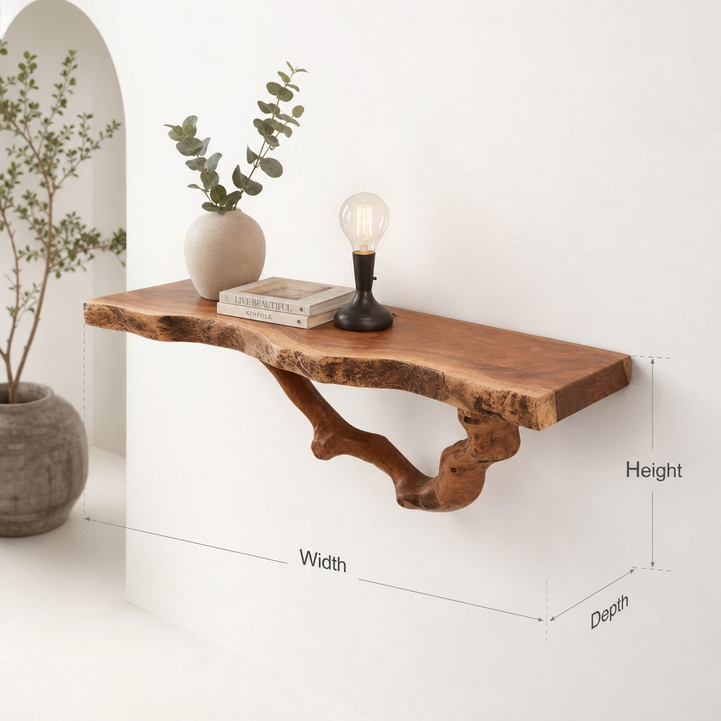 Floating Driftwood Shelf – Natural Solid Wood Bedside Bookshelf